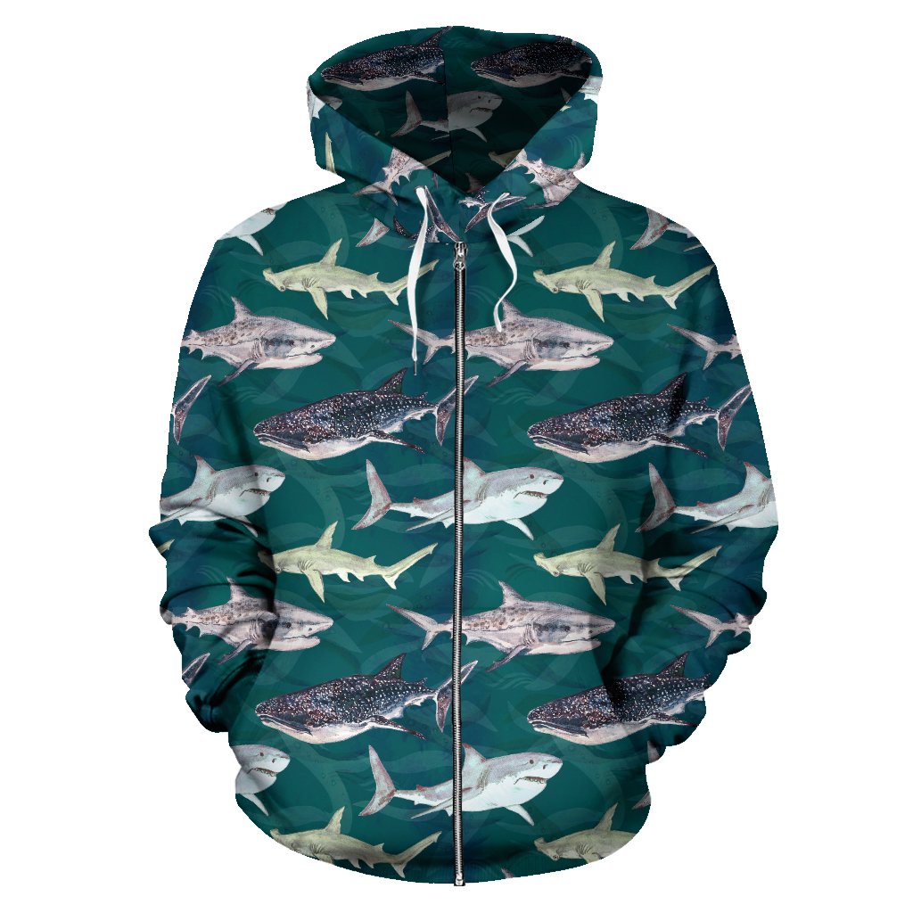 Shark Style Print Zip Up Hoodie