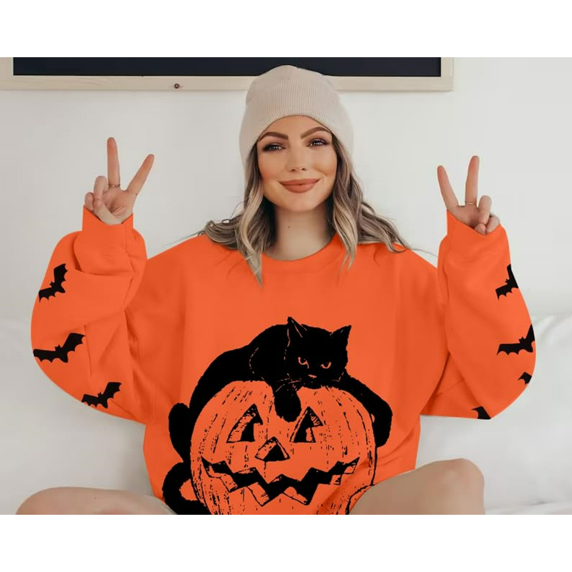 Halloween Sweatshirt Black Cat On Pumpkin 2D Crewneck Sweatshirt All Over Print Sweatshirt For Women Sweatshirt For Men