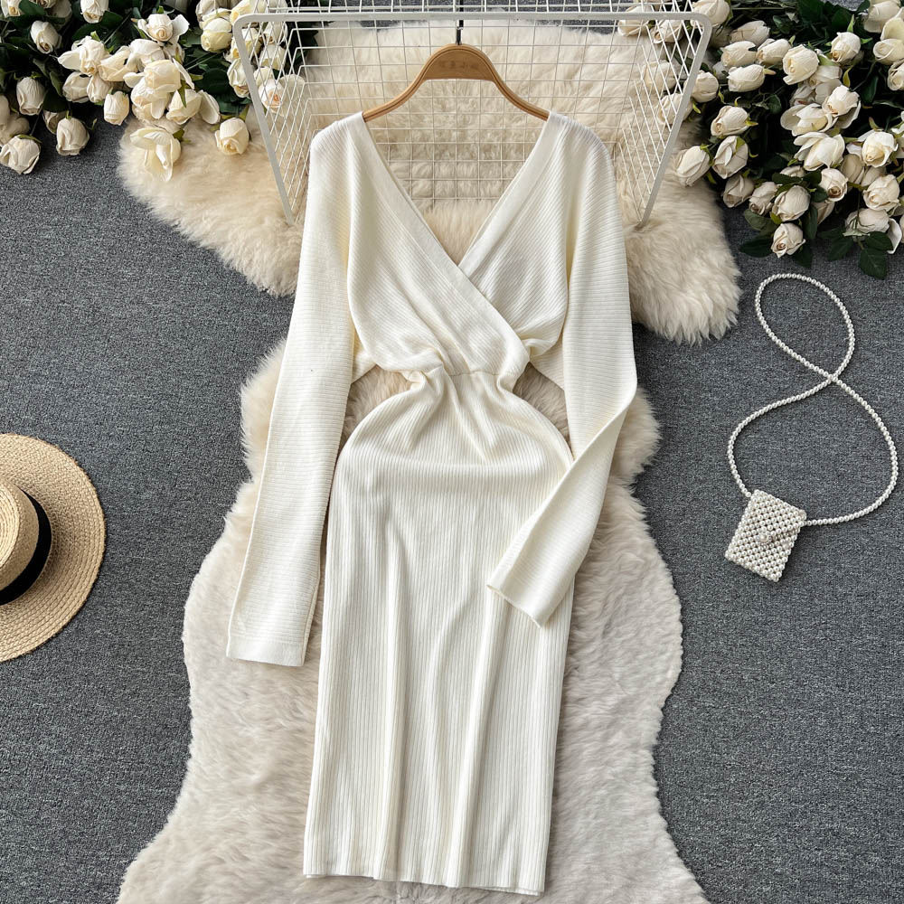 SINGREINY Knit Sexy Winter Women Dress Dinner Party Backless Long Sleeve V Neck Solid Elegant Ladies Slim Korean Sweater Dresses alx