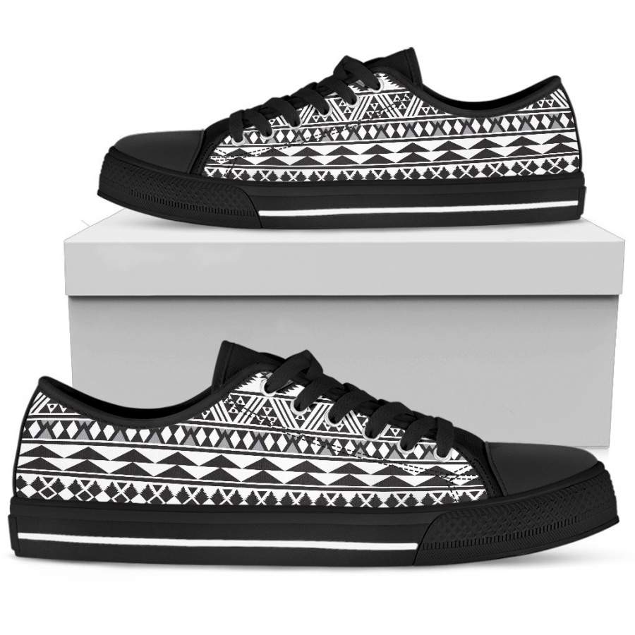 White And Grey Aztec Pattern Print Women’s Low Top Shoes