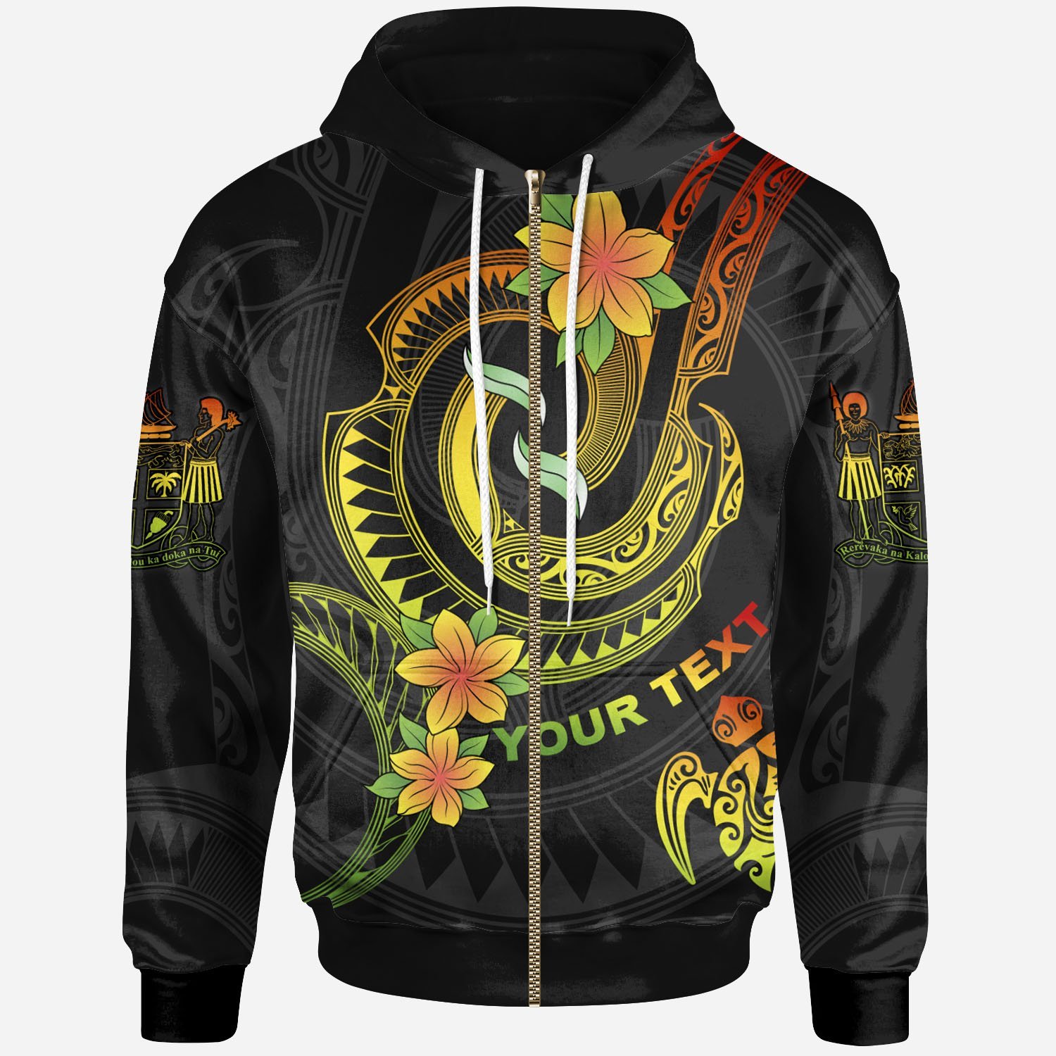 Fiji Custom Personalised Zip-Up Hoodie – Reggae Plumeria Flowers with Spiral Patterns – BN26