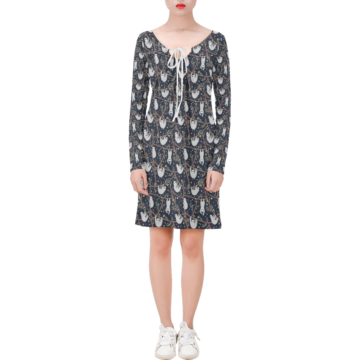 Sloth Happy Design Themed Print Long Sleeves Dress