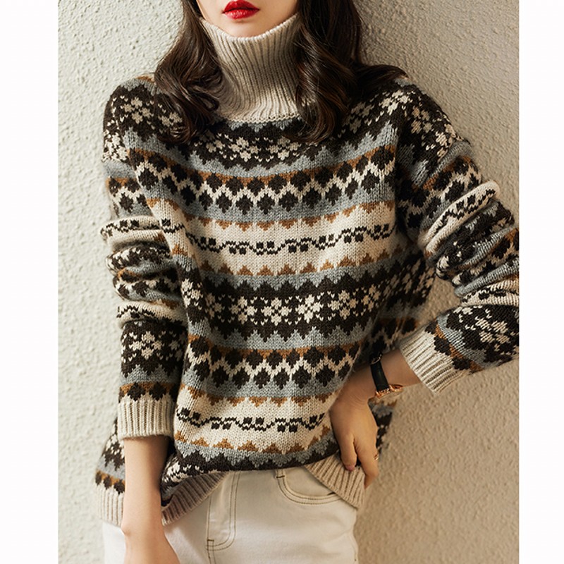 Autumn Winter Ethnic Style Cashmere Wool Knit Pullover Women Turtleneck Sweater Loose Elegant Thicked Print Casual Sweater alx