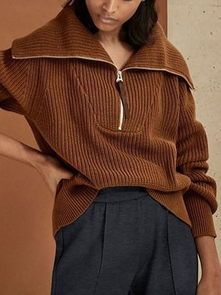 Turtleneck Women Crop Sweater Knitted Female Solid Fashion Zipper Pullover Ladies Polo Collar Long Sleeve Top Jersey Mujer alx