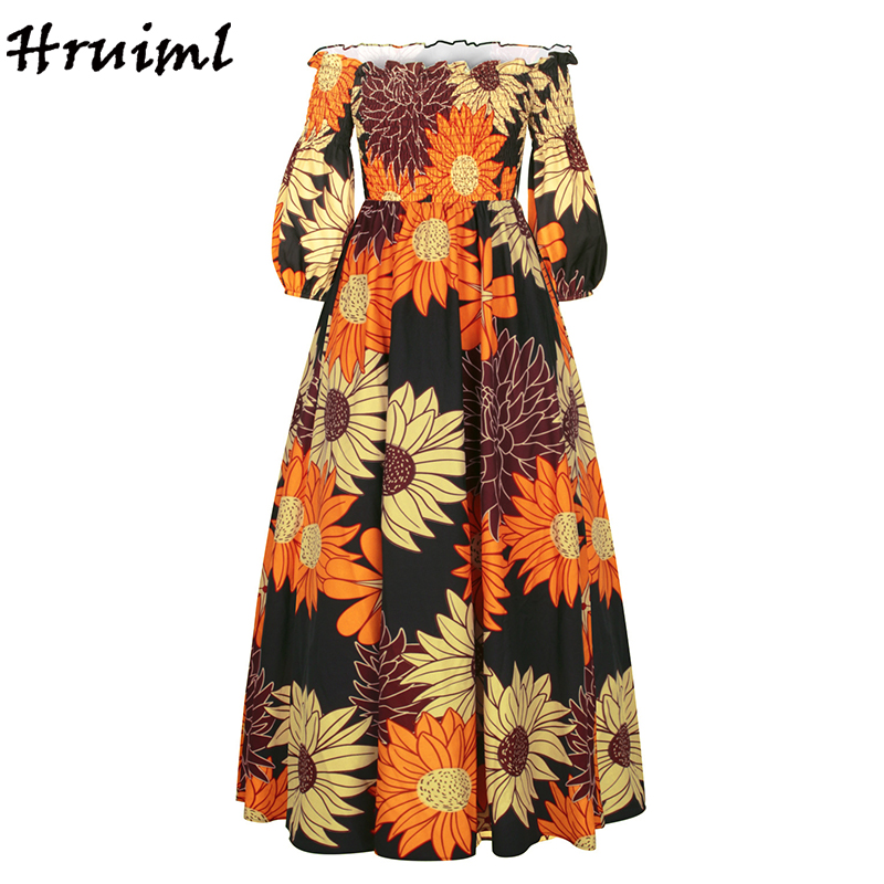 African Dresses for Women Fashion Floral Print Slash Neck Three Quarter Sleeve Maxi Dress High Waist Vintage Long Dress Autumn alx