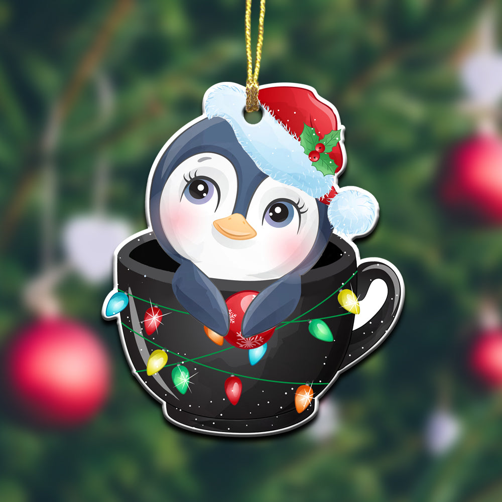 Penguin Sitting In Christmas Light Cup – 2-Sided Mica Custom Shaped Ornament – Gift For Christmas Day – 1207