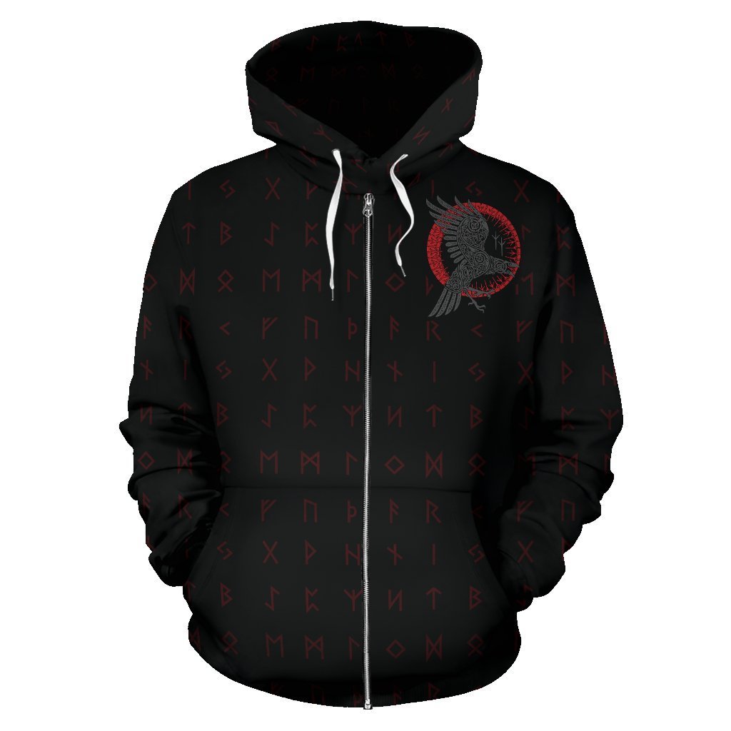 Viking Odin Raven Old Runes Style Zipper Hoodie