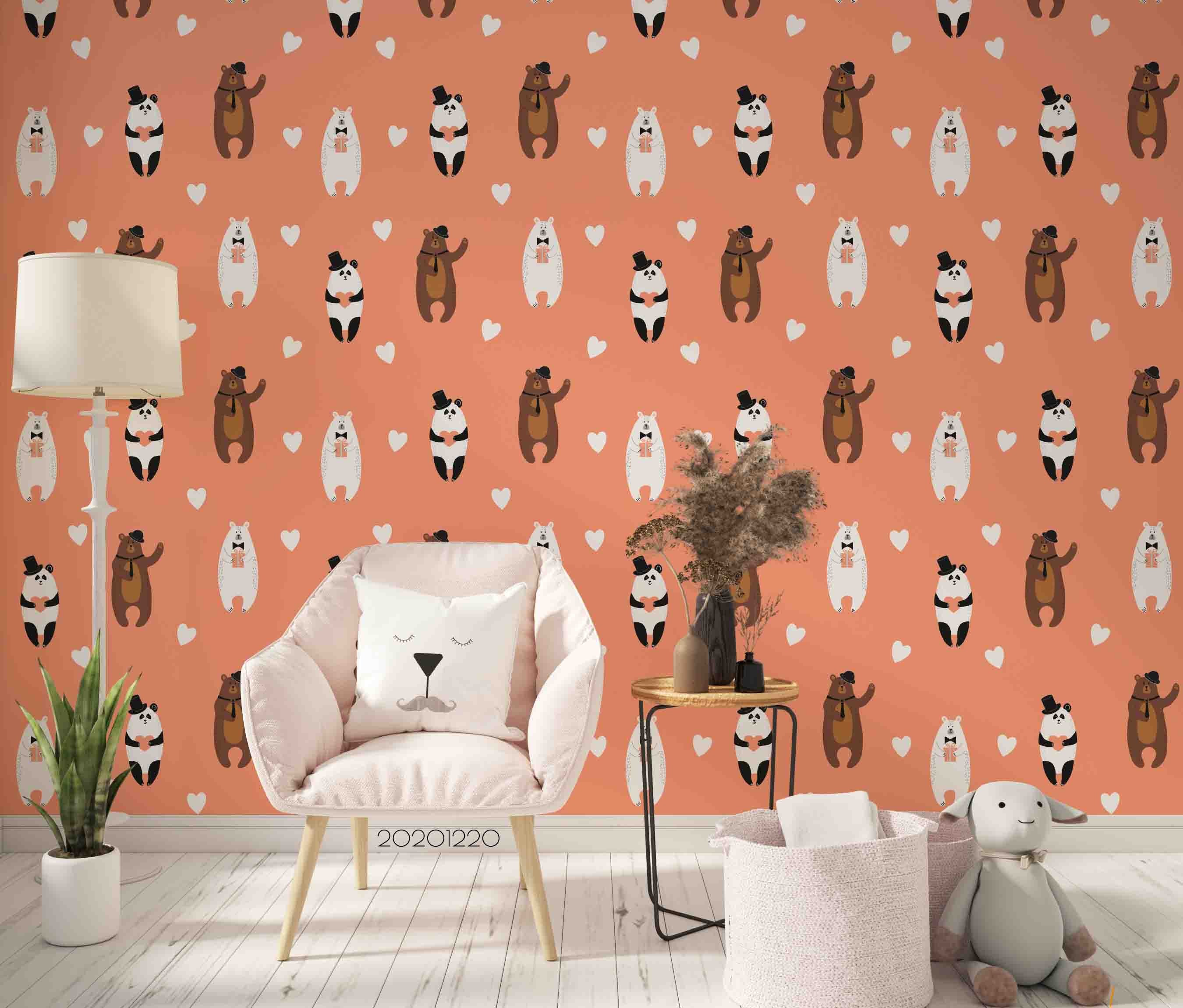 3D Hand Drawn Animal Bear Pink Wall Mural Wallpaper Lqh 133