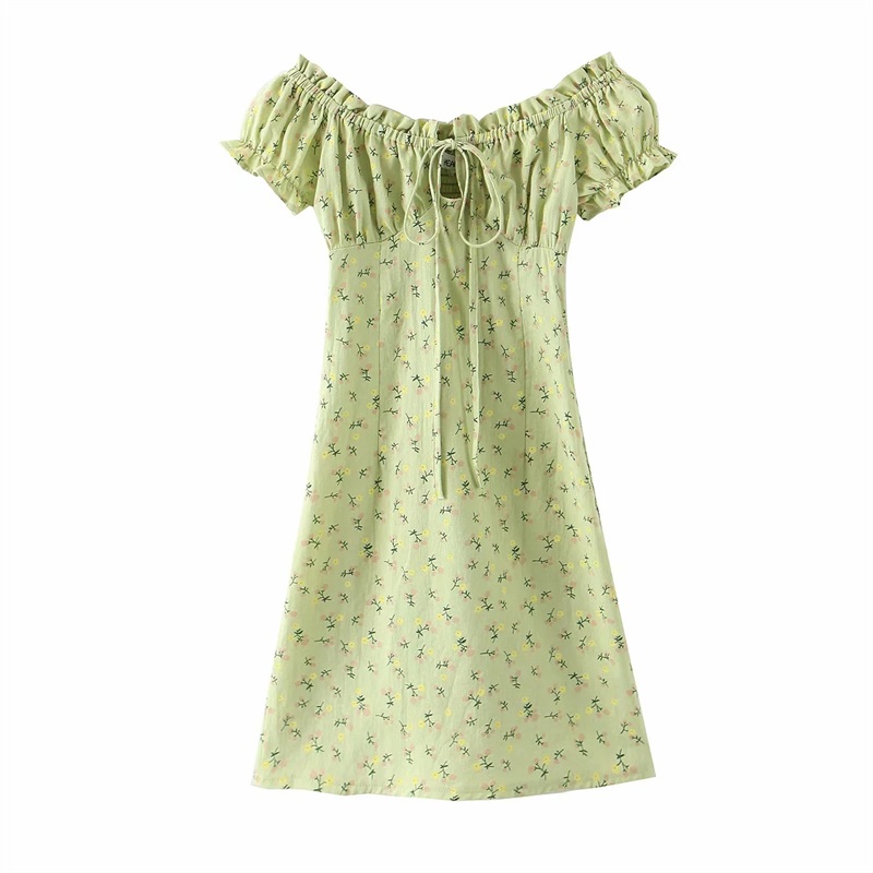 Women Slash Neck Shirred Back Floral Print Mini Dress in Sage Green Tie Front Cotton Mini Dress alx