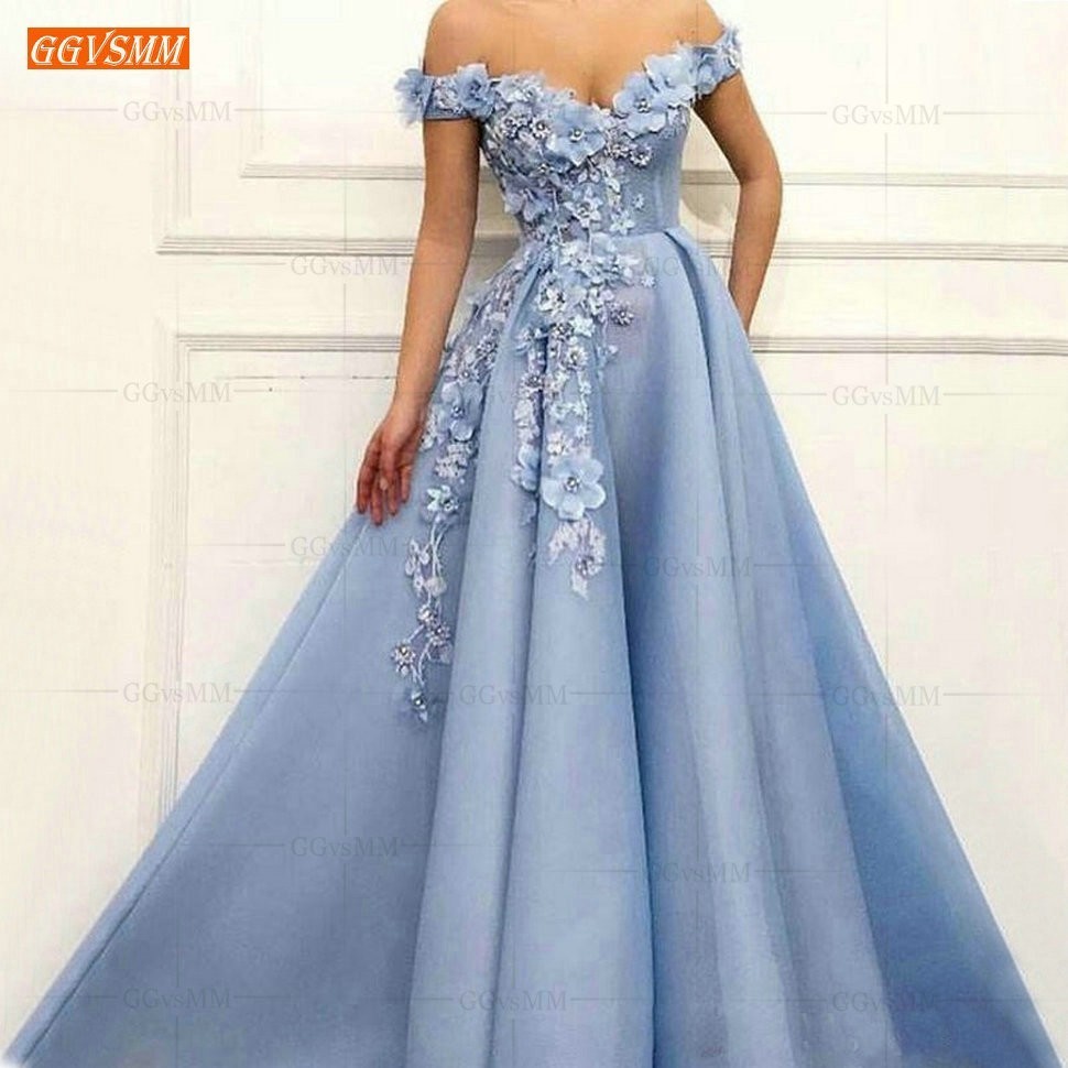 Blue Off the Shoulder Prom Dresses Long 2020 vestidos de gala Tulle 3D Flower Beaded Pageant A Line Evening Gowns Women Dress alx