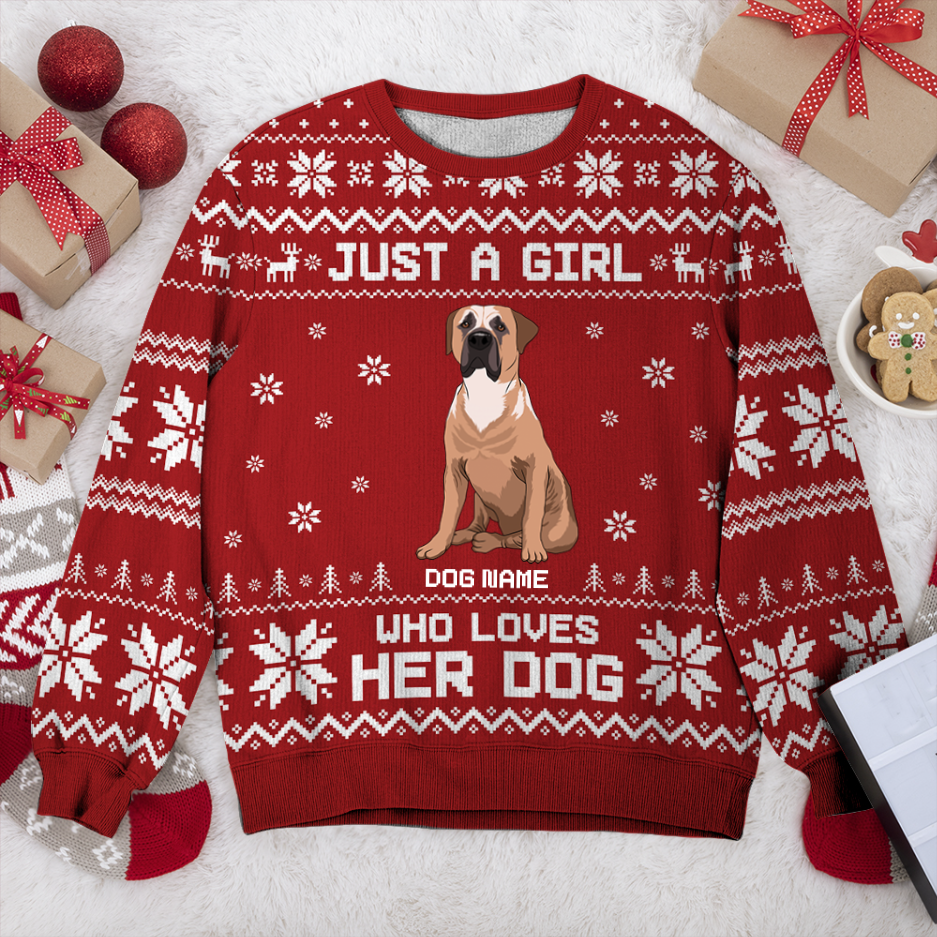 Boerboel Just A Girl Personalized Sweater, Dog Ugly Christmas Sweater