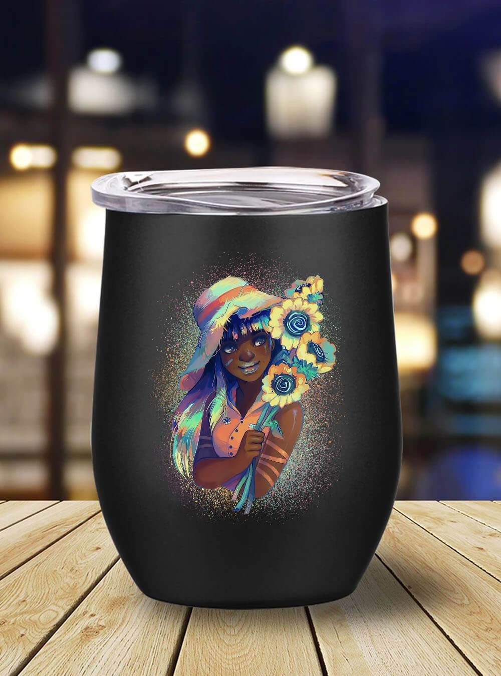 African American Tumbler Pretty Black Girl Flower Art Stainless Steel Wine Tumbler Mug Black History Month Gift Ideas BPS5048