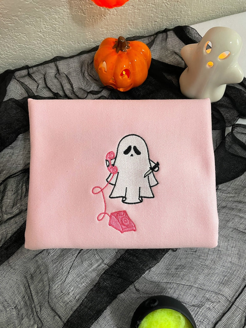 Ghost With Pink Phone Halloween Embroidered Sweatshirt 2D Crewneck Sweatshirt All Over Print Sweatshirt For Women Sweatshirt For Men Sws4463