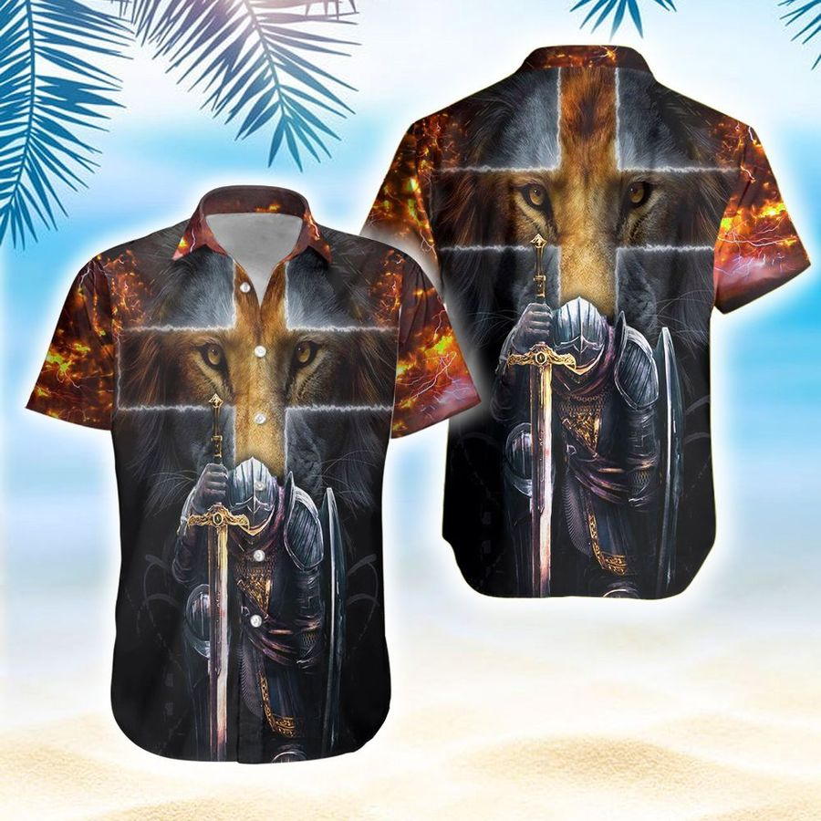 Warrior Of Christ Lion Cross Print Polyester Hawaii Aloha Shirt Ha83392