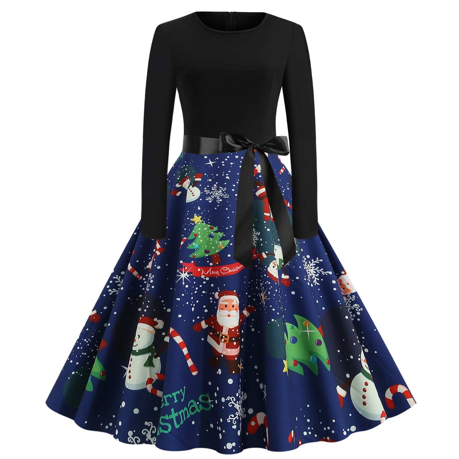 Winter Christmas Dresses Women 50S 60S Vintage Robe Swing Pinup Party Dress Long Sleeve Casual Plus Size Print Black alx