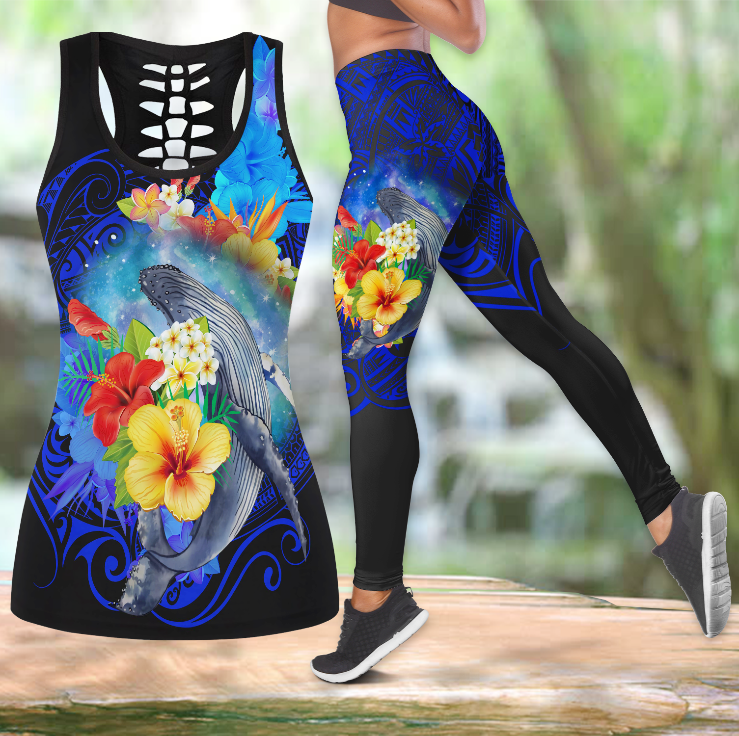 Amazing Kanaka Maoli Humpback Whale With Tropical Flowers Legging _ Tank Top All Over Print