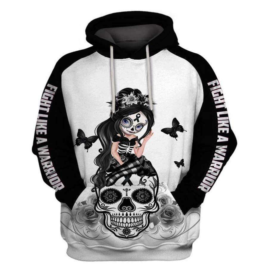 Fight Like A Warrior™ Black Menaloma Skin Cancer Sugar Skull Girl Awareness Hoodie