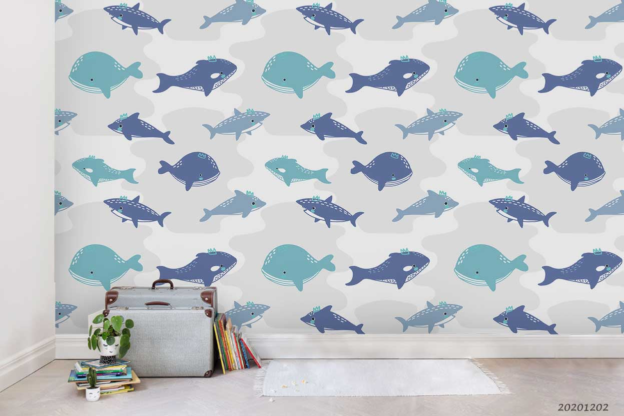 3D Cartoon Hand Drawn Ocean Whale Dolphin Shark Fish Pattern Wall Mural Wallpaper Lxl