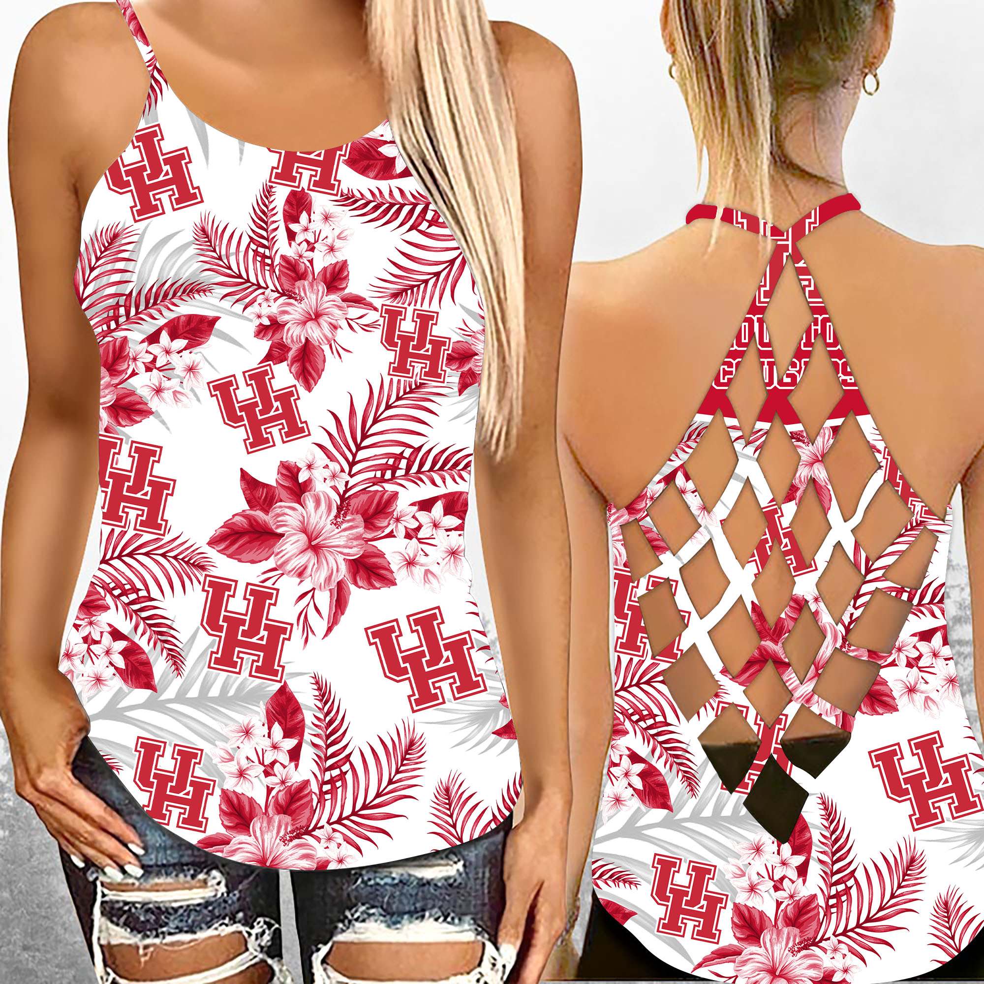 Houston Cougars NCAA3-Criss Cross Tanktop Hawaii Style Ds1