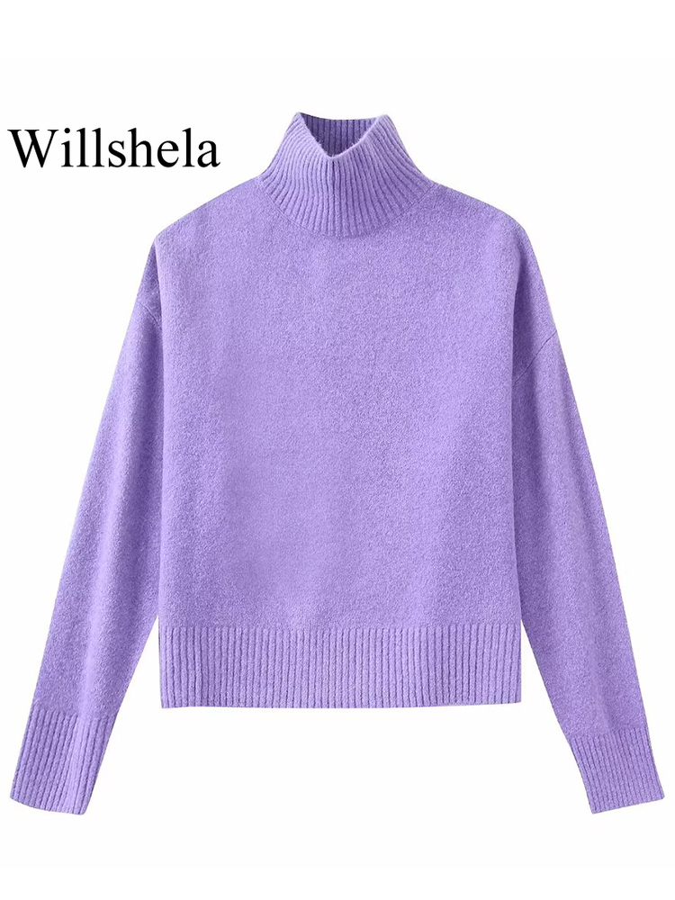 Willshela Women Fashion Solid Knitted Pullover Sweater Vintage High Neck Long Sleeves Female Chic Lady Tops alx