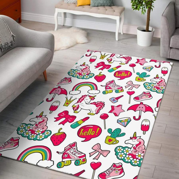 White Girly Unicorn Pattern Print Area Rug