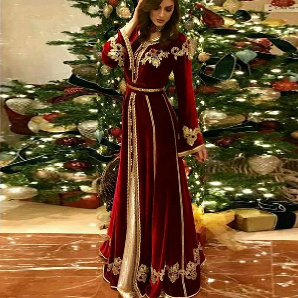 Burgundy Long Sleeve Muslim Evening Dress 2021 robe soiree Islamic Dubai Kaftan Evening Gowns Embroidery Lace Formal Prom Dress alx