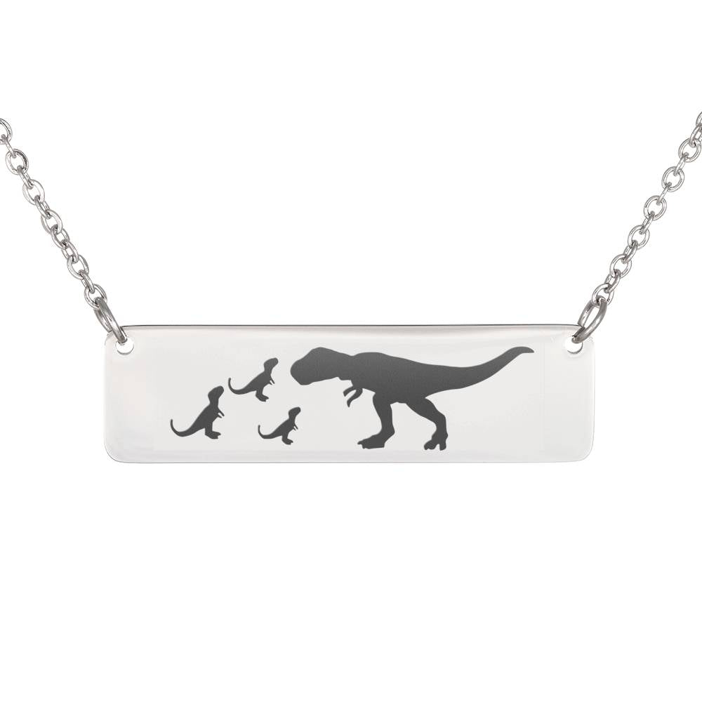 T-Rex Pendant – Dinosaur Necklace – Mom As Animal Necklace – Horizontal Bar Pendant – Custom Engraved Present (3 Hatchlings)