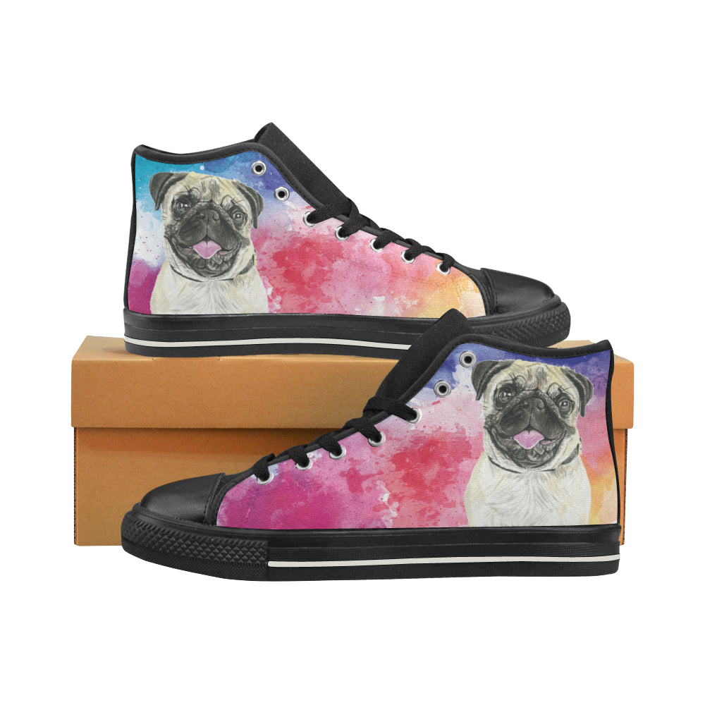 Pug Water Colour No.1 Black High Top Canvas Shoes for Kid