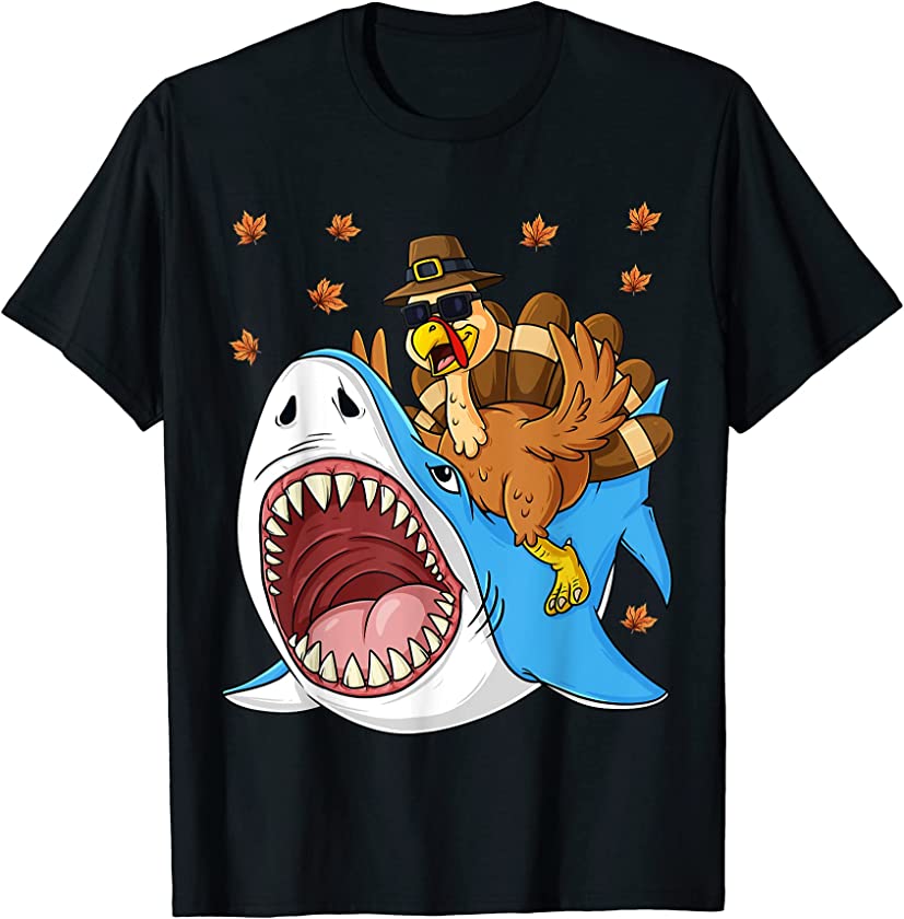 Thanksgiving Turkey Riding Shark Funny Toddler Boys Kids T-Shirt