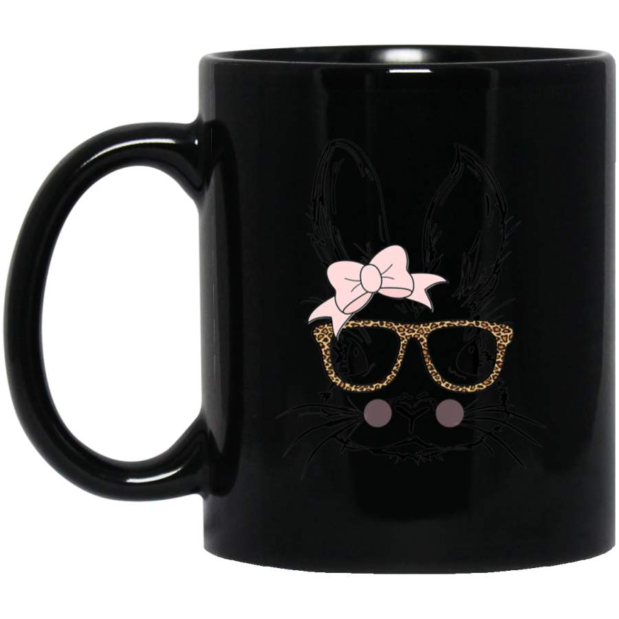 Cute Bunny Face Leopard Print Glasses EASTER Gift Black Mug