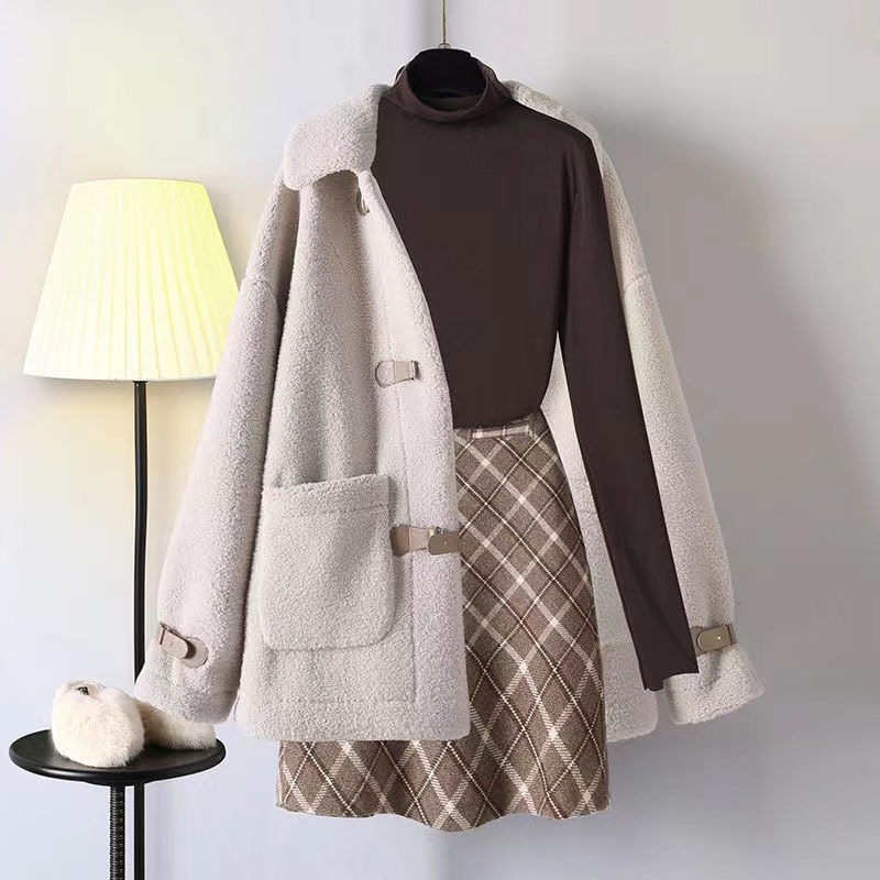 2022 Winter Women Warm Suit Female Lambswool Jacke tCoat+knitted Sweater Top And Wool Plaid Skirt Three Pieces Set Y2K Snow wear alx