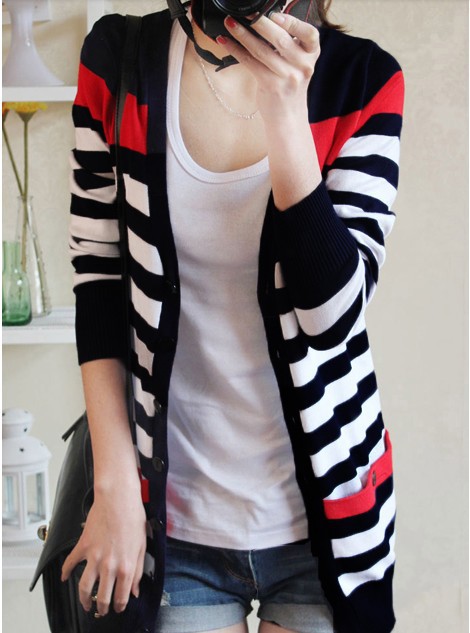 2021 New Fashion Women Spring Autumn Slim Sweater Cardigan V-Neck Medium-Long Stripe Cardigan Women Knitted Outerwear Female alx