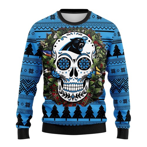 Carolina Panthers Skull Flower Christmas Gift For Fan Ugly Wool Sweater Christmas