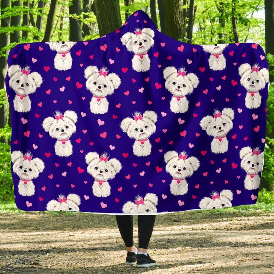 Puppy Dog Maltese Pattern Print Hooded Blanket