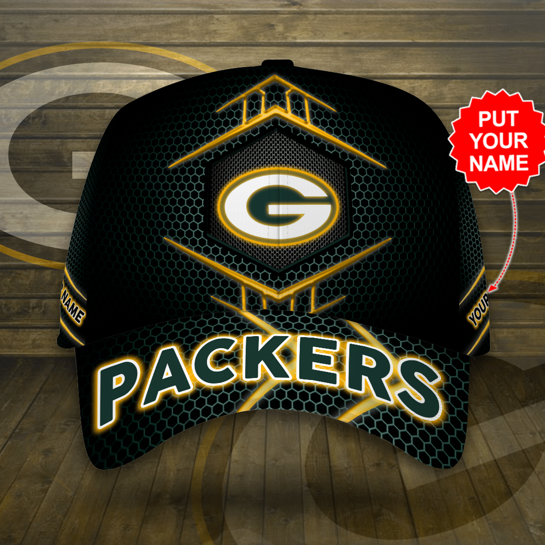 Personalized Green Bay Packers Beehive Hexagon Pattern All Over Print 3D Baseball Cap – Black