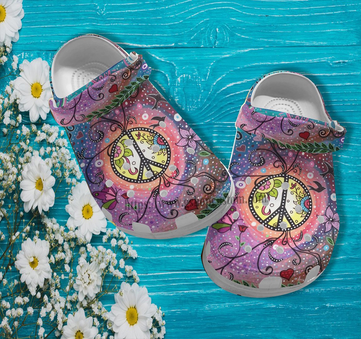 Boho Trippy Floral Twinkle Purple Croc Shoes Gift Women- Hippie Peace Boho Flower Shoes Croc Clogs Customize Birthday Girl- Cr-Ne0459