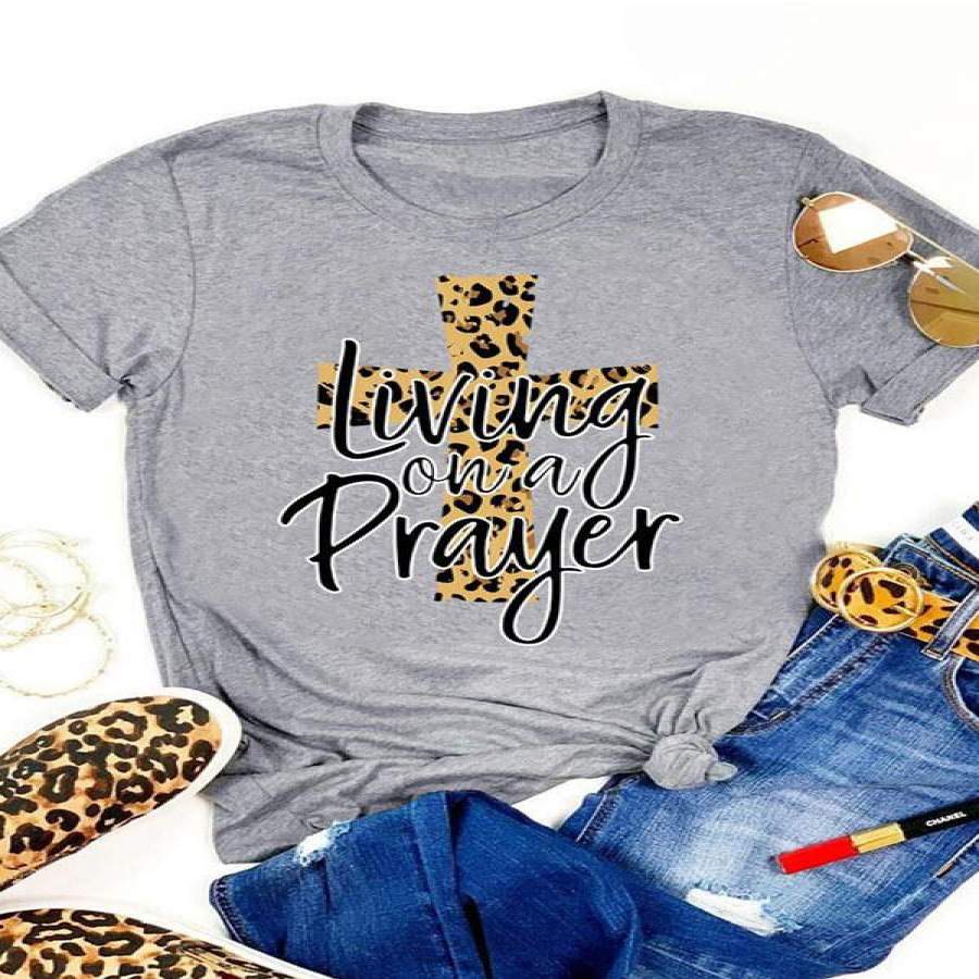 Living On A Prayer Leopard Print Cross T-Shirts