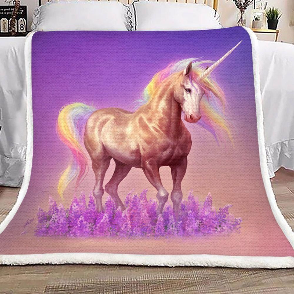 Beautiful Unicorn On Purple Flowers Fleece Blanket, Sherpa Blanket, Gift For Parent, Family Member, Friends Gift, Christmas Gift, Home Decor, Home Living