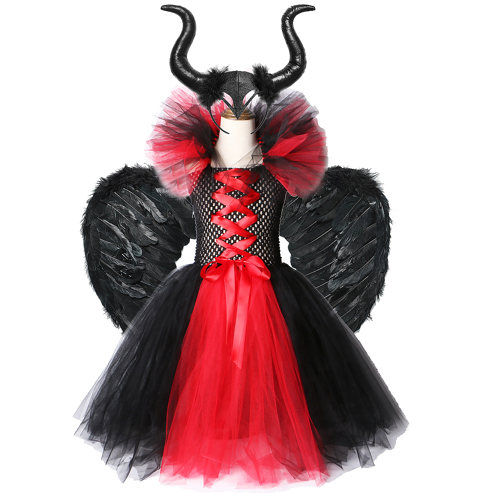 Witch Queen Halloween Costumes for Girls Kids Long Tutu Dress Princess Girl Floor Fancy Dress with Horns Wings Outfit Red Black alx