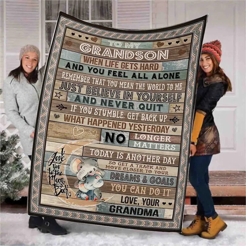 To My Grandson Vintage Sign Blanket, Elephant Blanket, Gift For Grandson Family Home Decor Bedding Couch Sofa Soft And Comfy Cozy