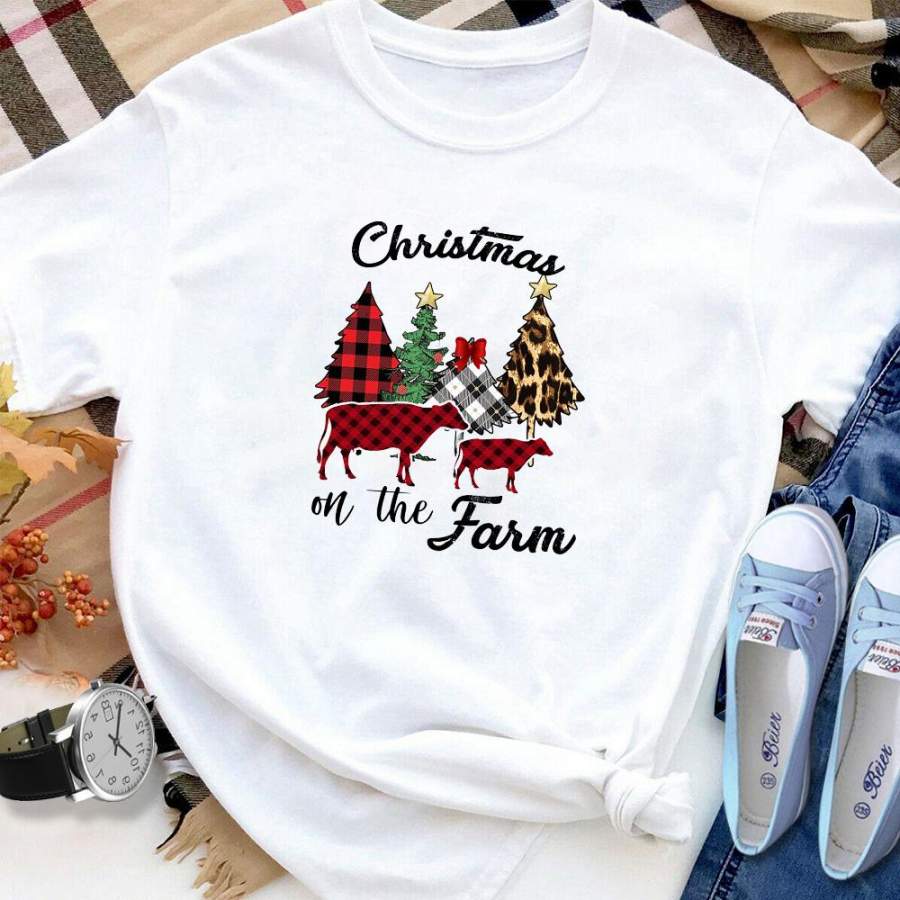 Cows farm christmas on the farm red plaid leopard white cotton t shirt for men and women S-6XL