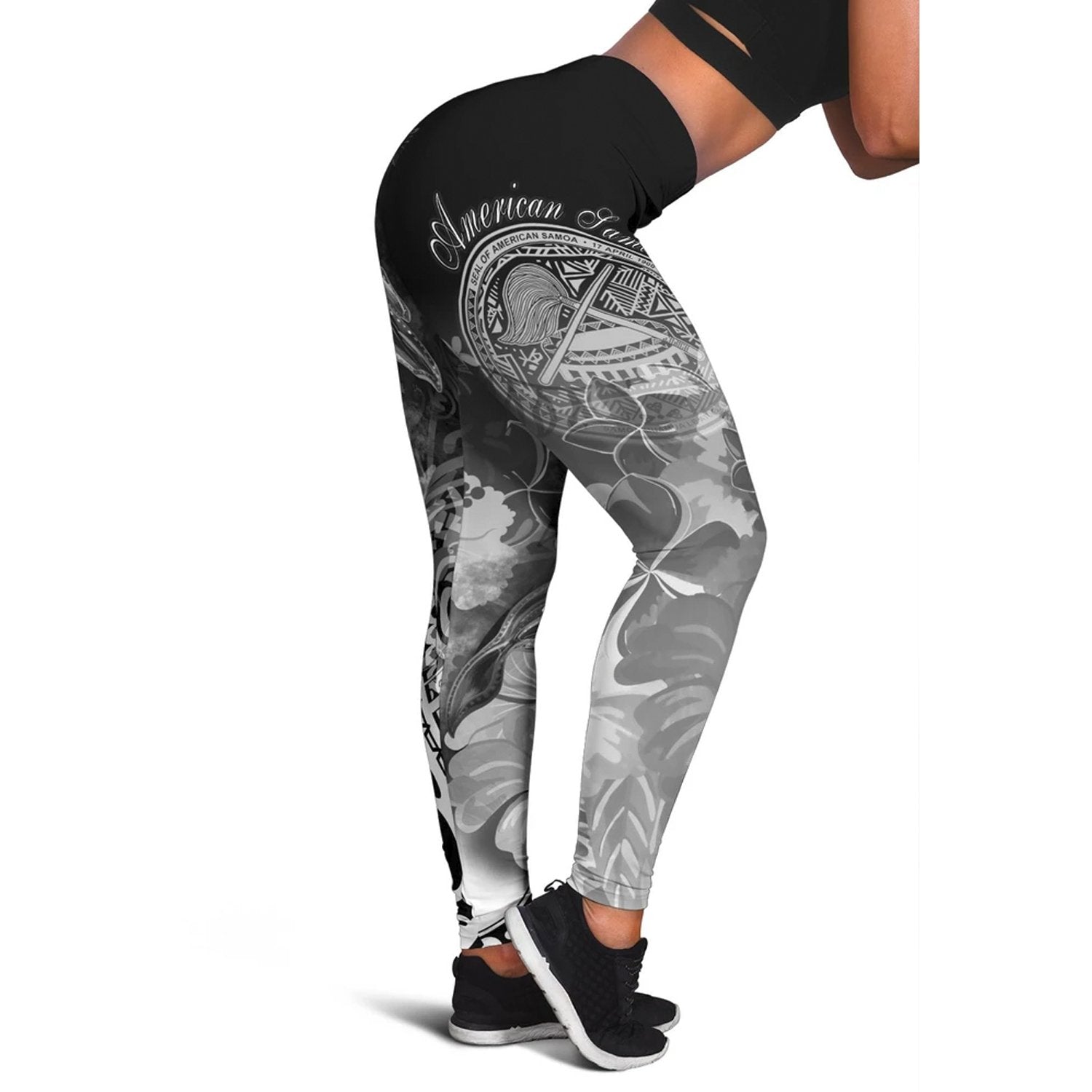 American Samoa Polynesian Women’S Leggings – Humpback Whale With Tropical Flowers (White)