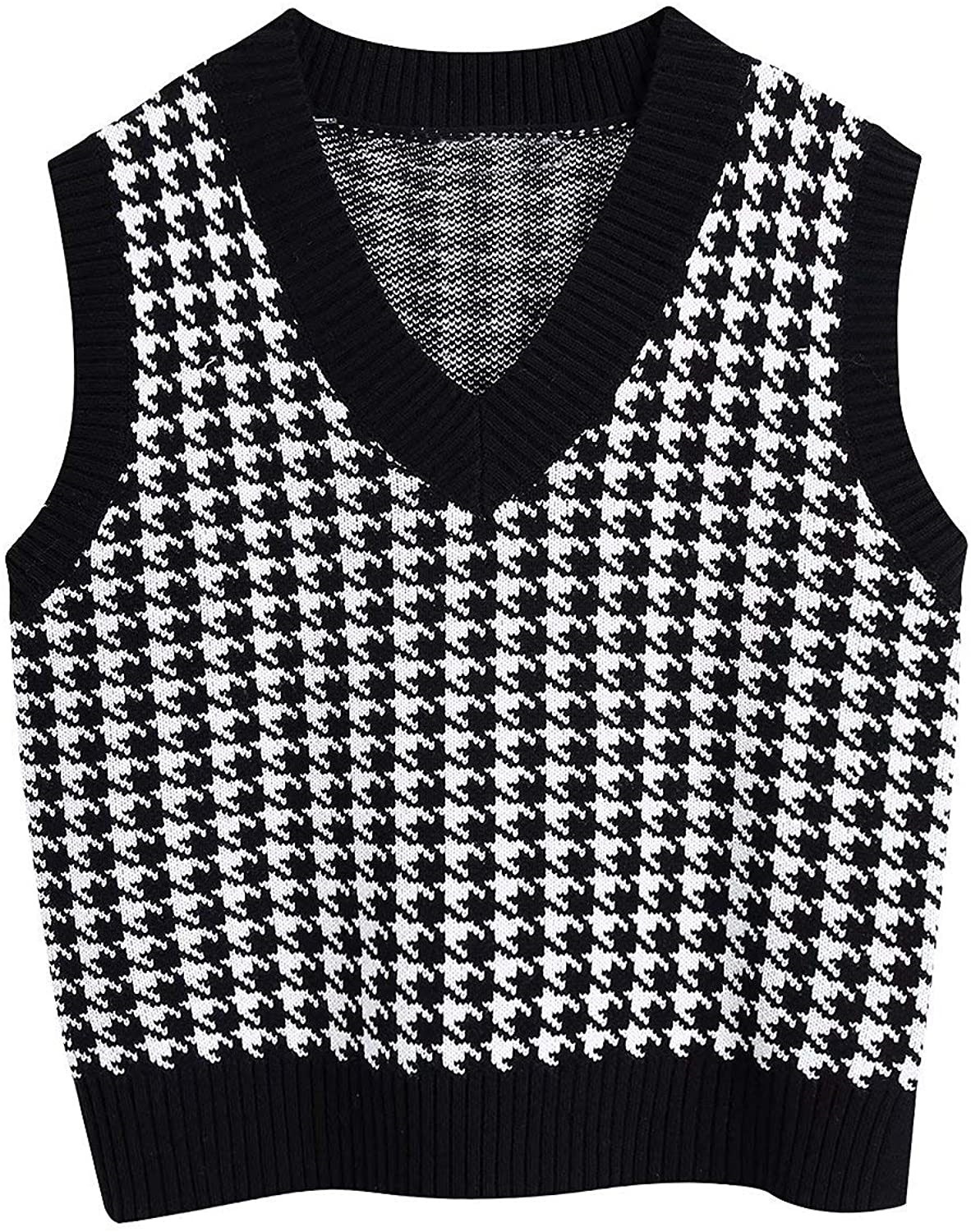 Sleeveless Geometric Houndstooth Sweater Vest Women V Neck Pullover Casual Knitted Fall Winter Sweet Jumper Korean Knitwear 2021 alx