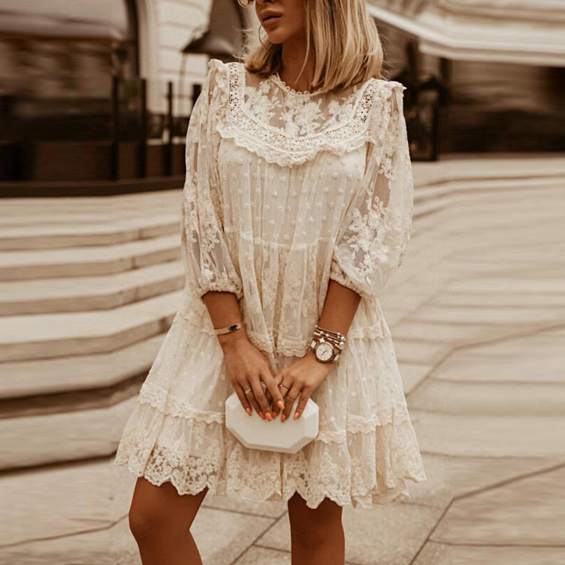 Women Elegant Lace Embroidery Party Dress Fashion Vintage Ruffle 3/4 Sleeve Dresses Ladies Sexy O-Neck Solid Sheer-Mesh Dress alx