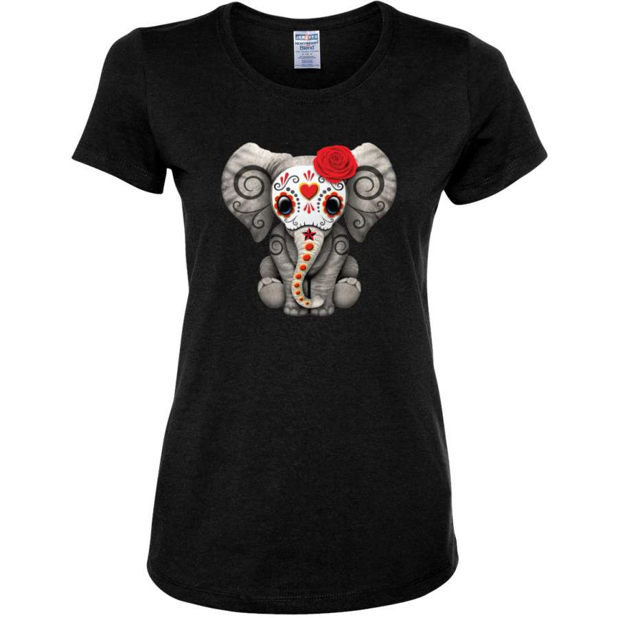 Funny Cute Elephant Skull Mask Roses Carnival Pop Culture Womens Graphic T-Shirt