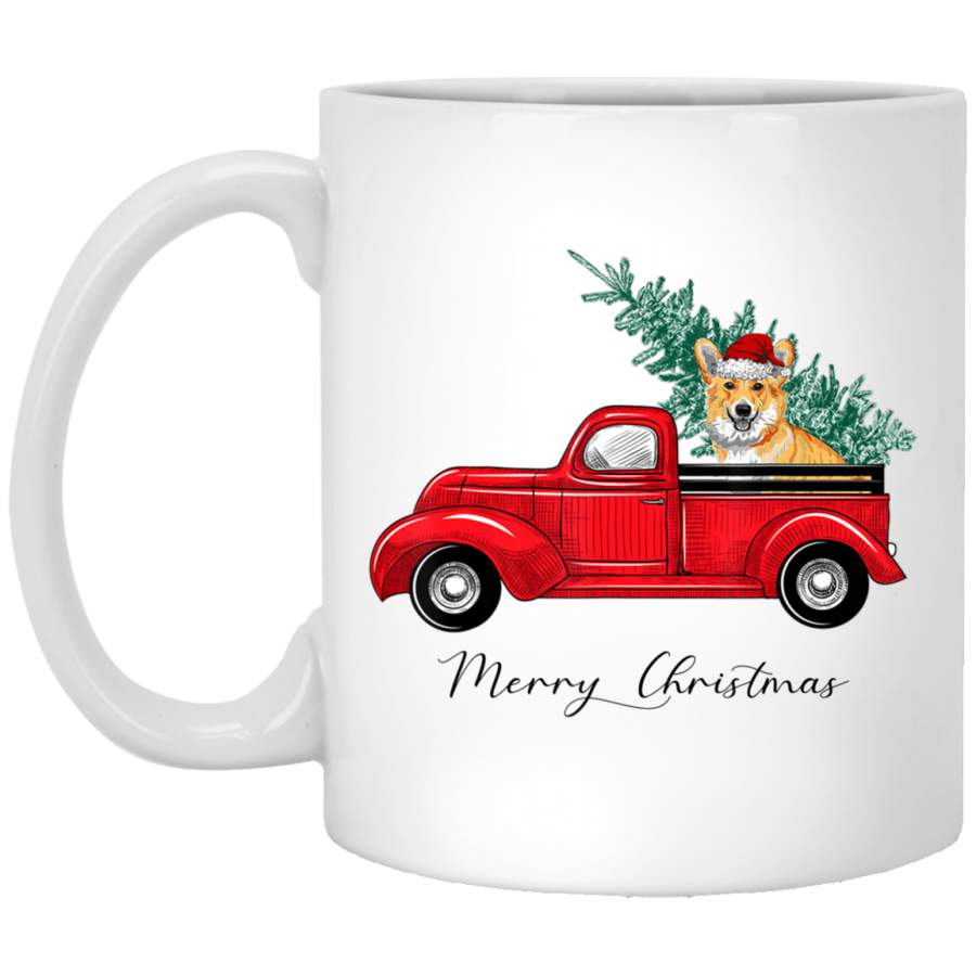 Vintage Red Truck with Corgi Christmas Tree Pajama Black Mug Pet Owner, Dog Dad Mom Lover, Best Friends Gifts Funny Sayings Slogan Cute