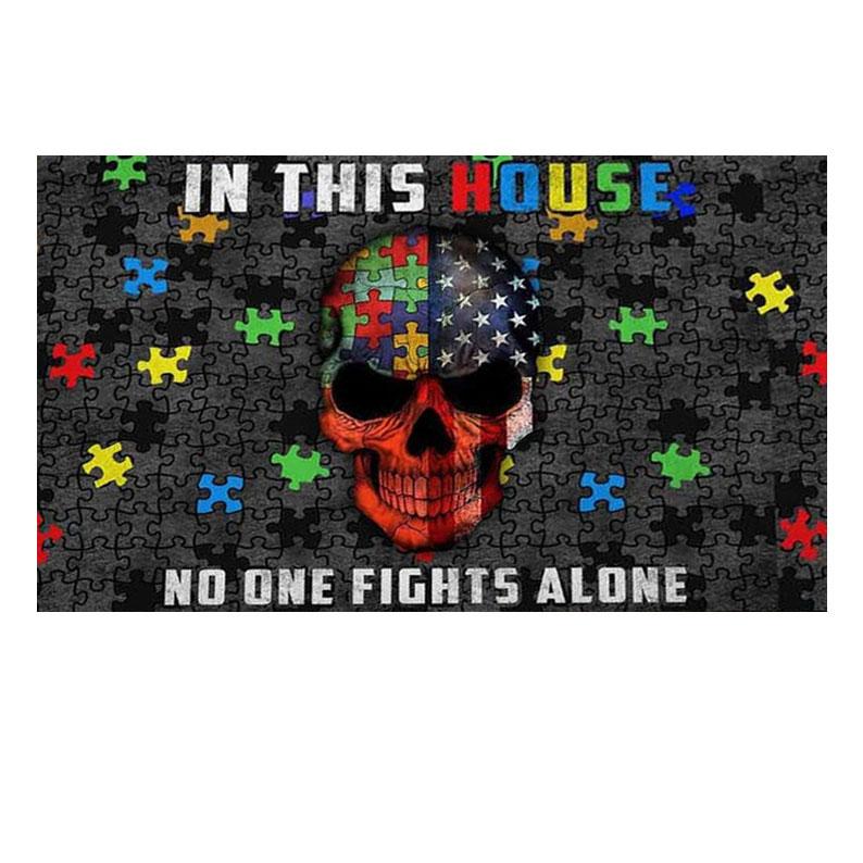 Personalized Name Family House Autism Awareness Skull – In This House No One Fights Alone Doormat Rug Housewarming Gift Family Welcome Mat Custom Funny