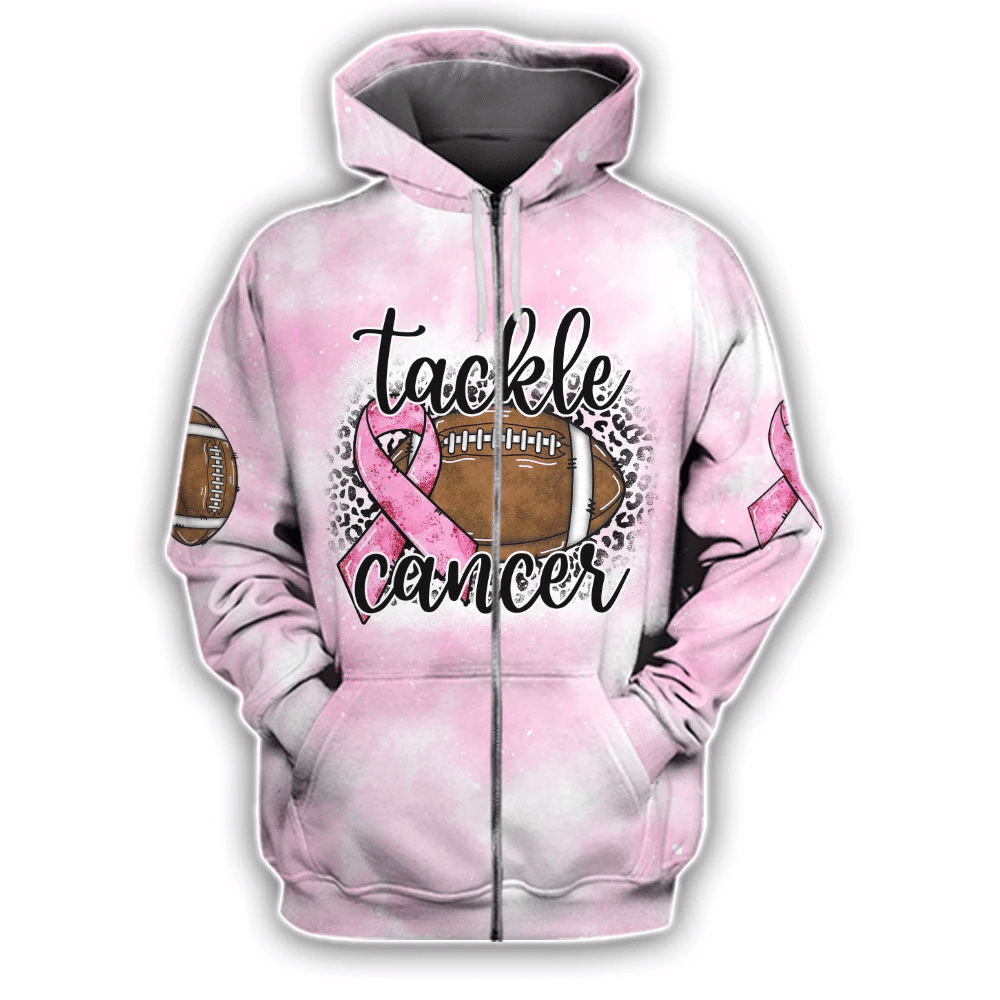 Rugby Sport Tackle Cancer Leopard 3D Tshirt – Breast Cancer Awareness Hoodie Long-Sleeve Gift For Schoolgirl