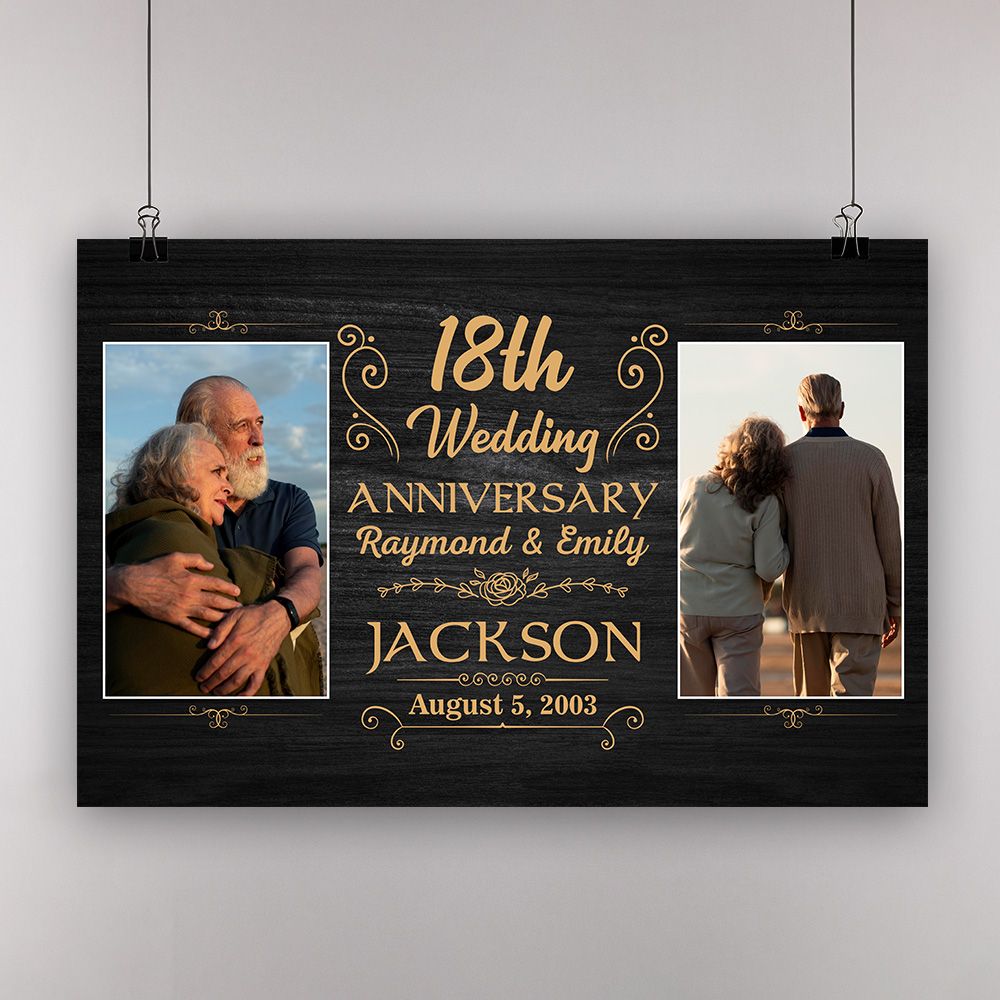 Personalized Photo, Names & Date 18Th Wedding Anniversary Gifts Poster For Couple, Husband, Him , Wife, Her
