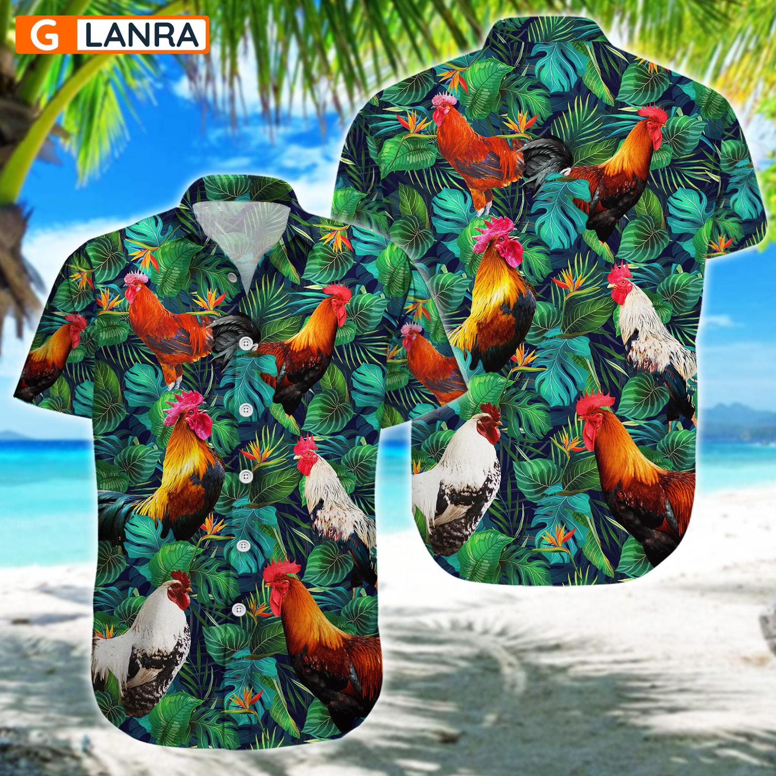 Rooster Palm Leaves Button Shirt, Rooster Farm Button Shirt, Summer Chicken Hawaiian Shirt, Farm Chicken Leaf Hawaiian Shirt, Summer Tropical Shirt